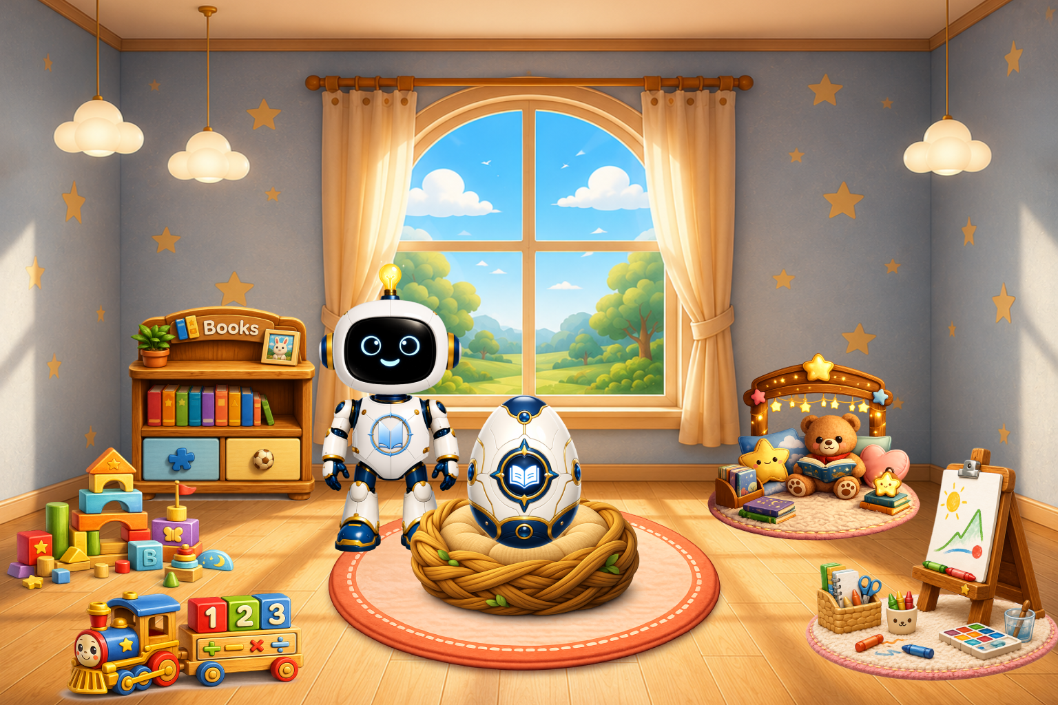 The MindAgo Playroom with its warm window, rug, Knowledge Egg nest, Mathematics Train, and activity stations